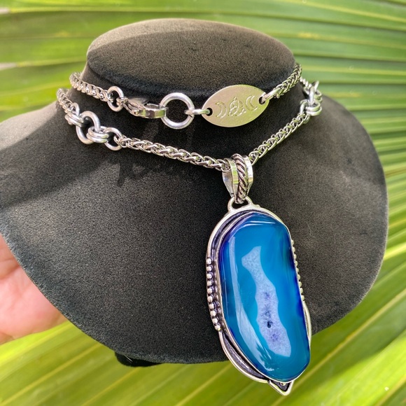 925 sterling silver overlay charm blue geode agate slice gemstone boho necklace - Picture 5 of 15
